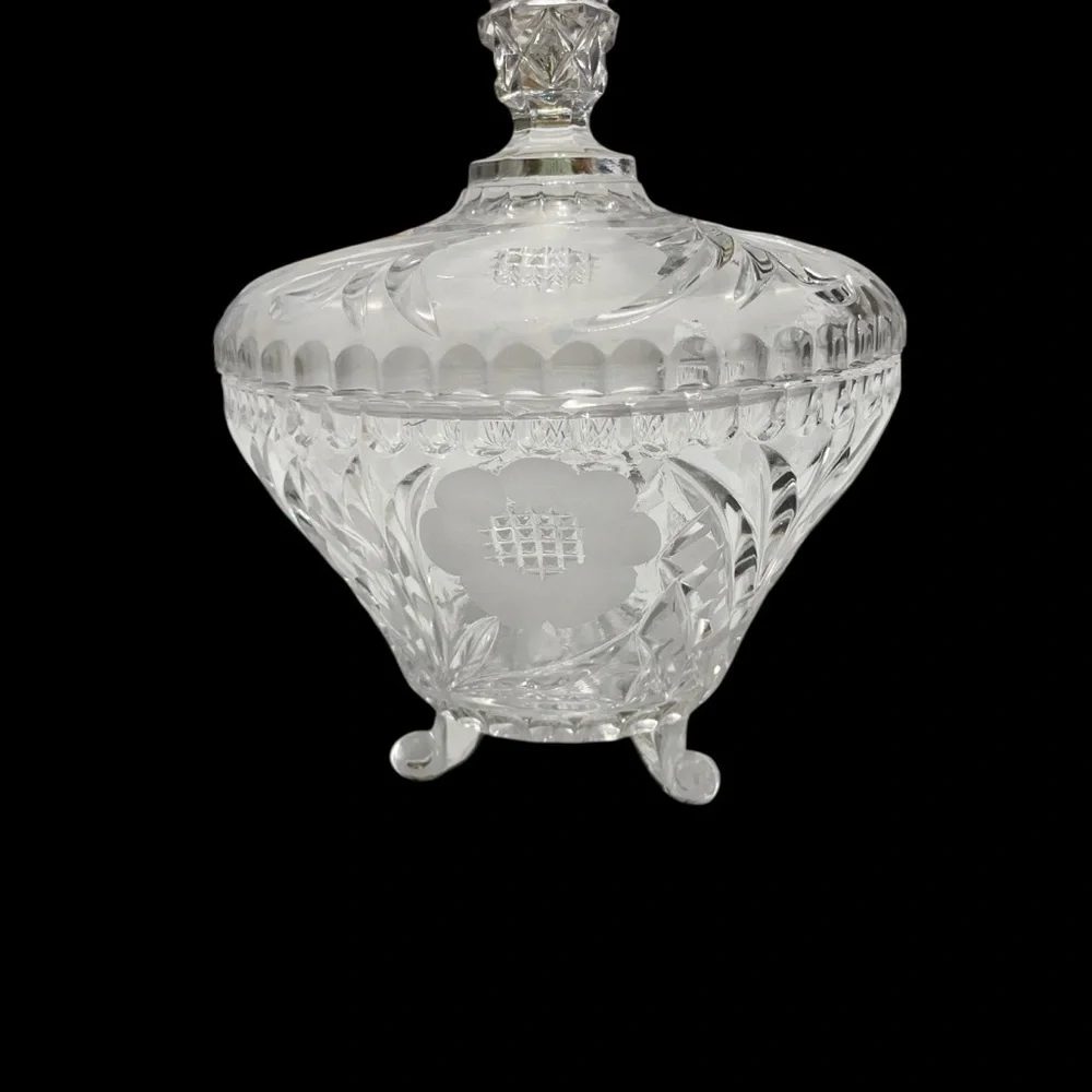 Vtg EAPG Footed Bowl & Lid Candy Dish Clear Glass Etched Flowers Leaves Design
